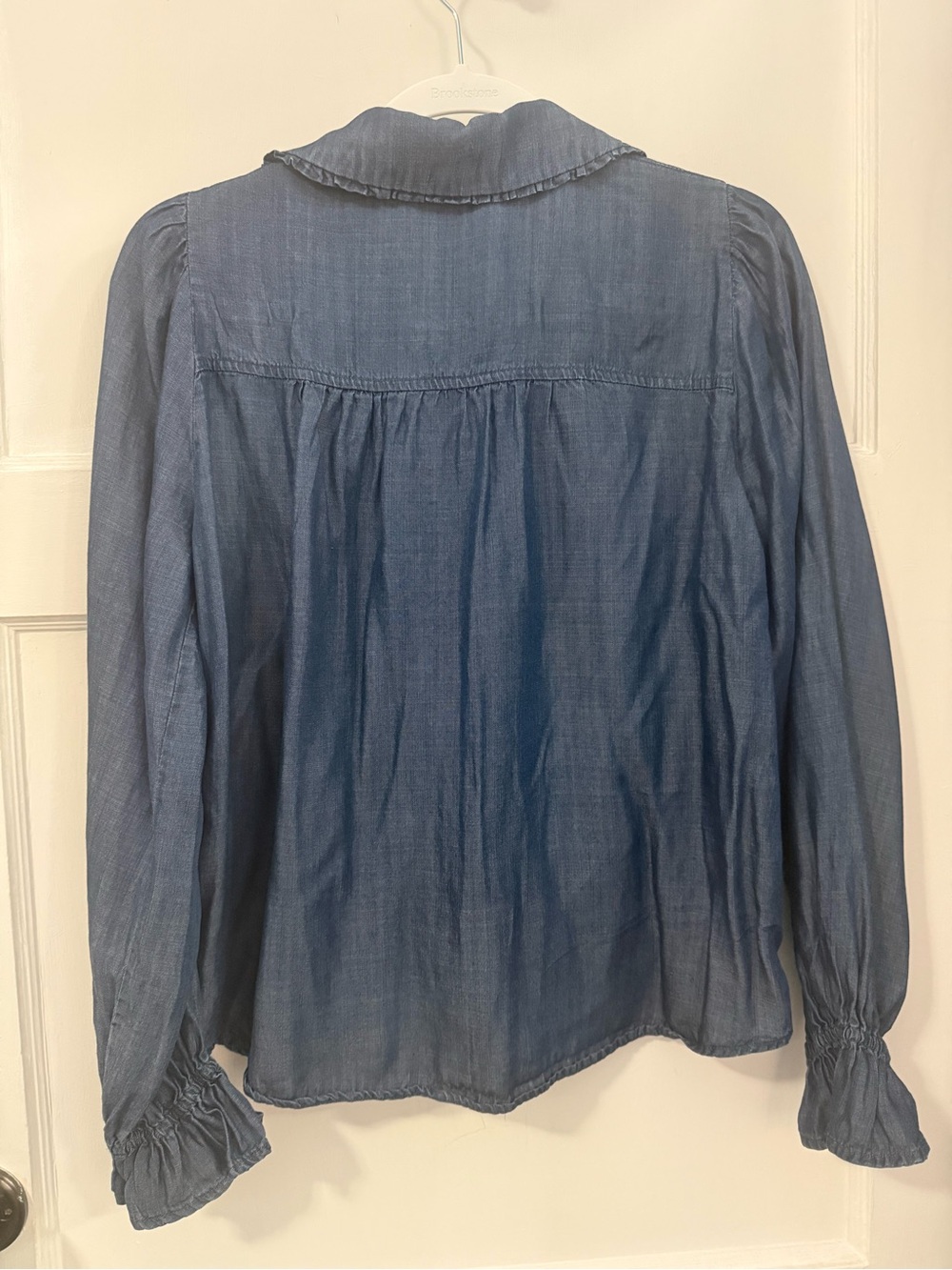 Blue Denim-Look Ruffle Button-Up Blouse - Picture 2 of 5
